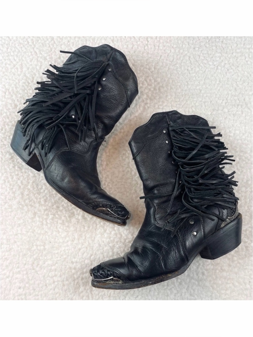 (VTG) ZODIAC • Black Genuine Leather Studded Fringe Western Cowboy Boots, 5.5